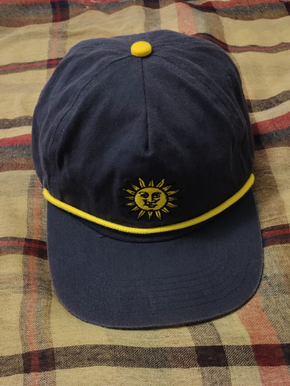 Navy Blue Sun Embroidered Rope Baseball Cap - Yellow Brim Rope